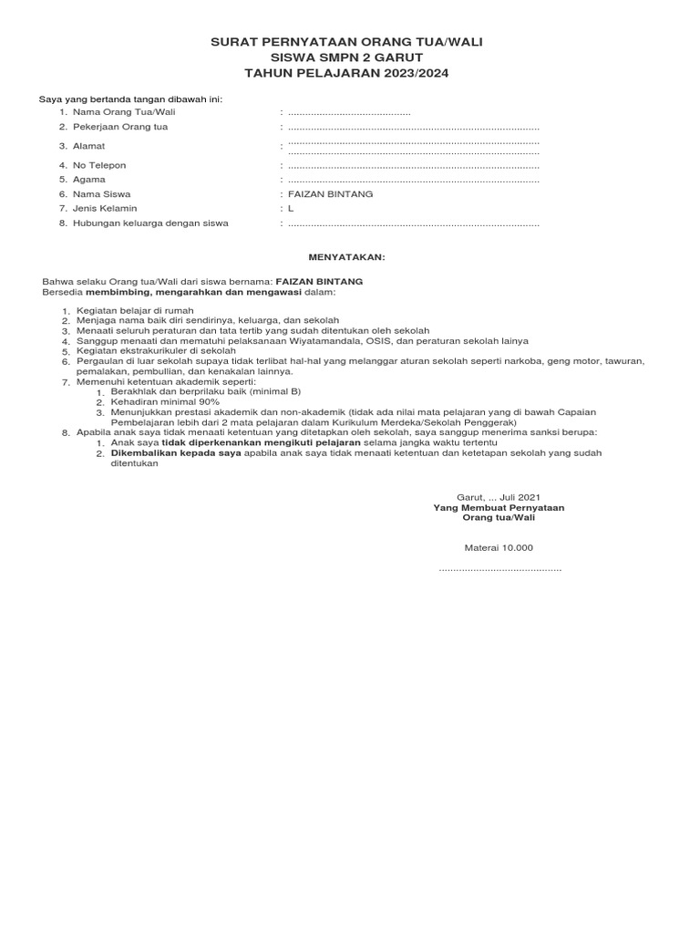 Surat Pernyataan Orang Tua | PDF