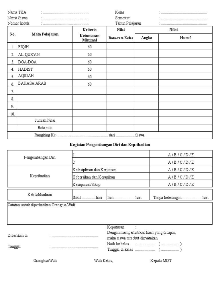 Rapor TKA dan Penilaian Siswa | PDF