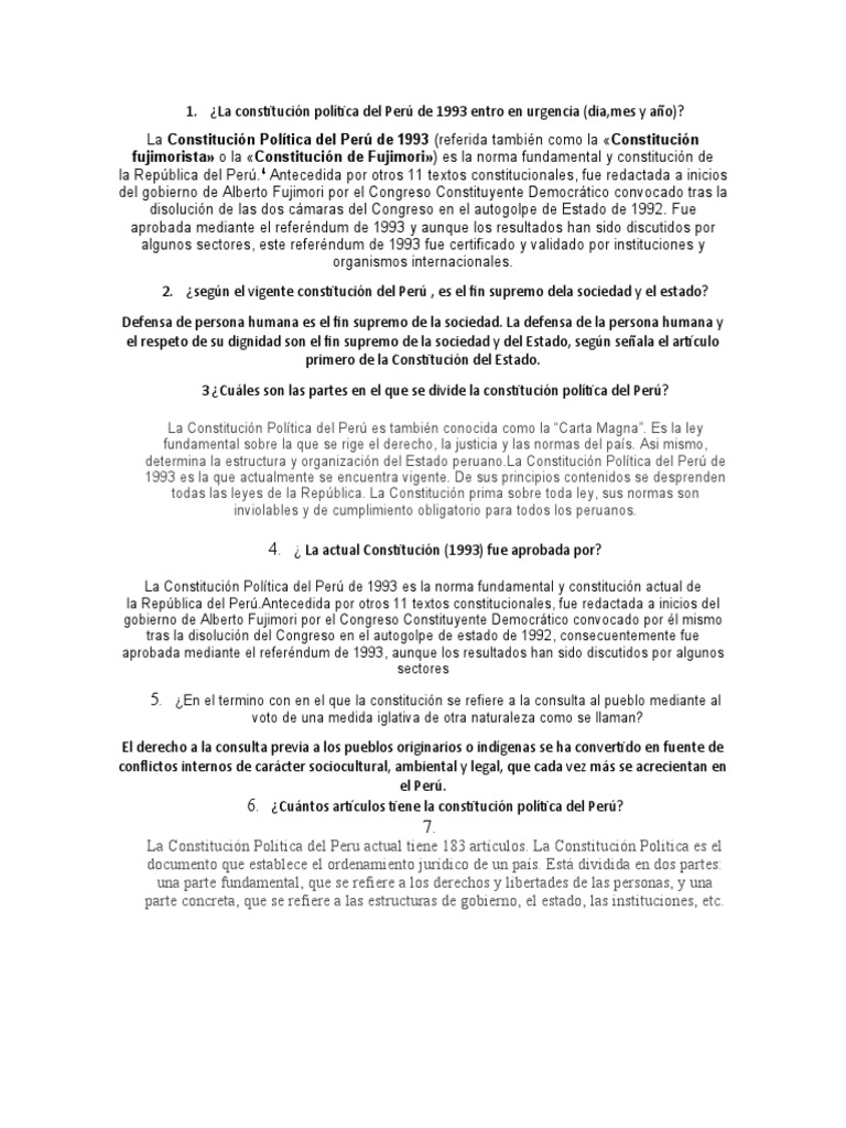 La Constitución Política Del Perú de 1993 Entro en Urgencia PDF