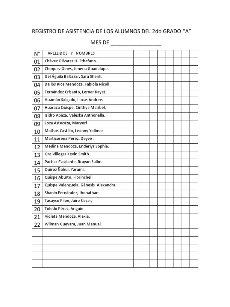 Registro de Asistencia de Los Alumnos Del 2do Grado | PDF