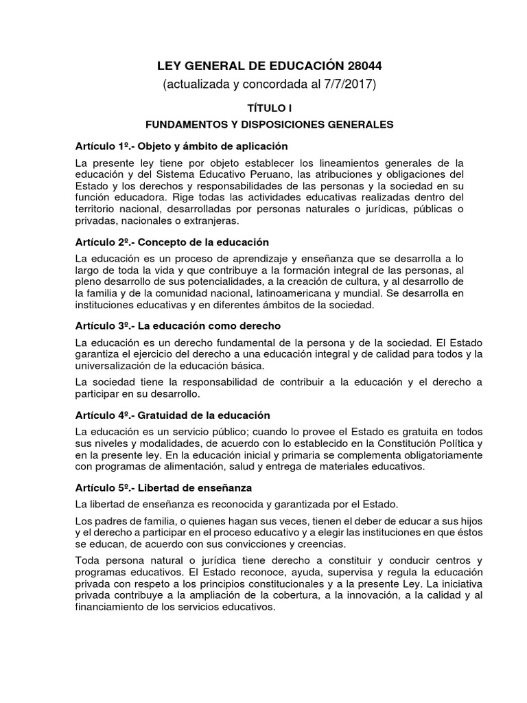 Ley 28044 de Educación 2023 | PDF | Educación primaria | Educación más alta