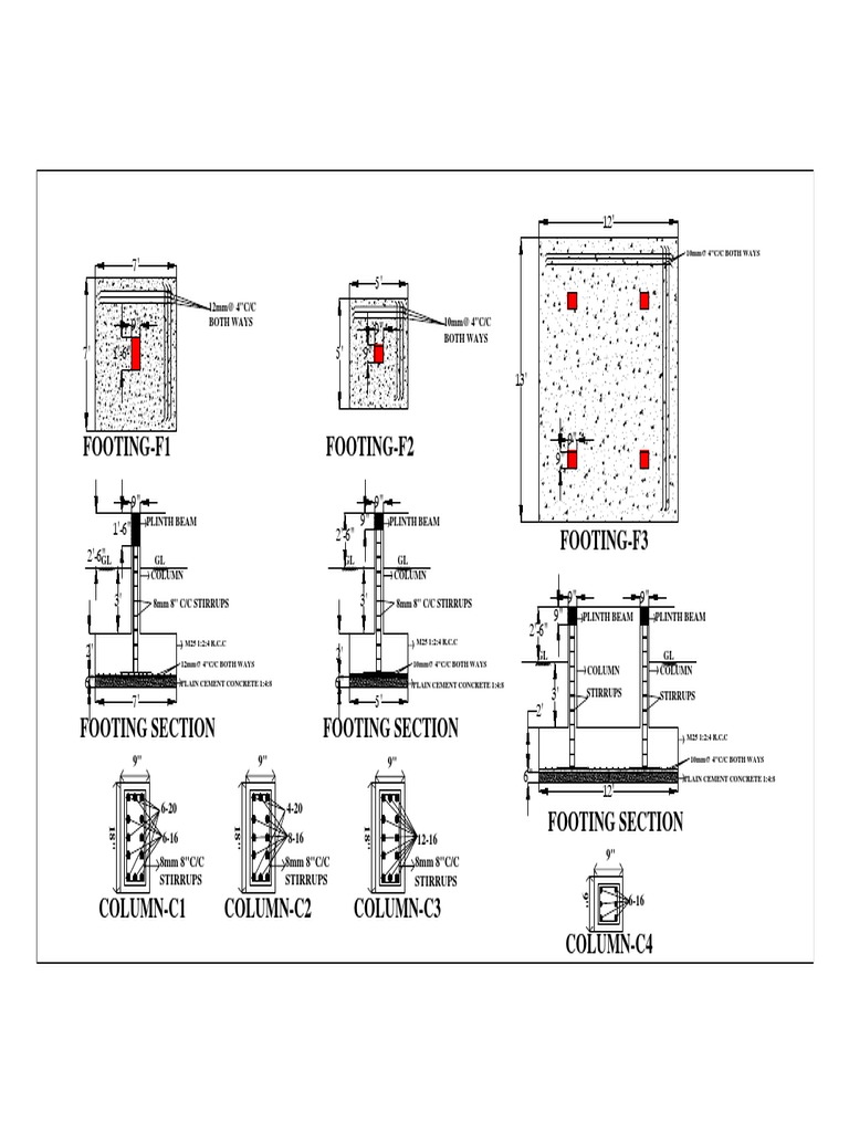 Footing f1 footing f2 12mm 4 c c both ways 10mm 4 c c both ways