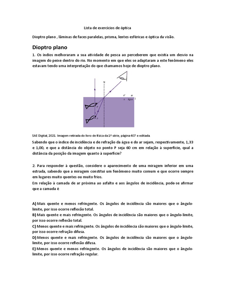 Exercícios de Óptica e Dioptro Plano | PDF | Olho | Ótica