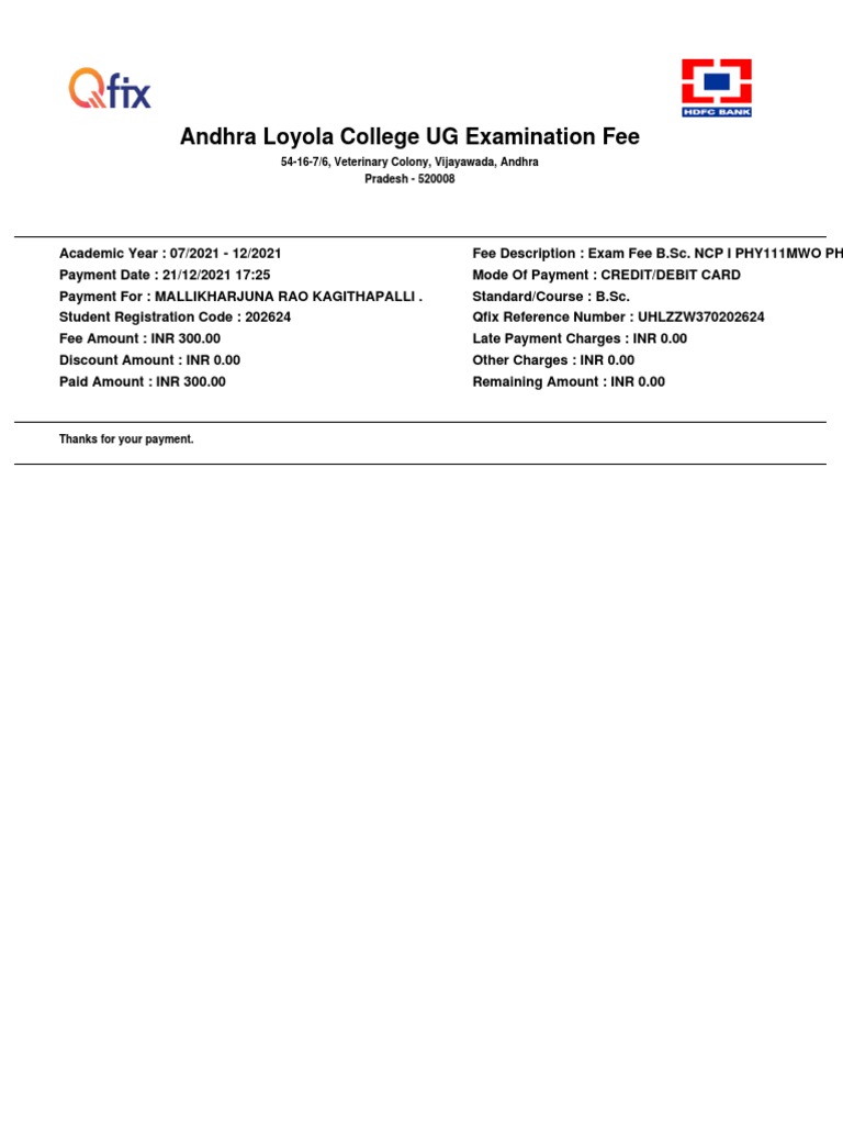 Qfix-Payment-Receipt-Exam Fee B.sc. NCP I Phy111mwo Physics-1 | PDF