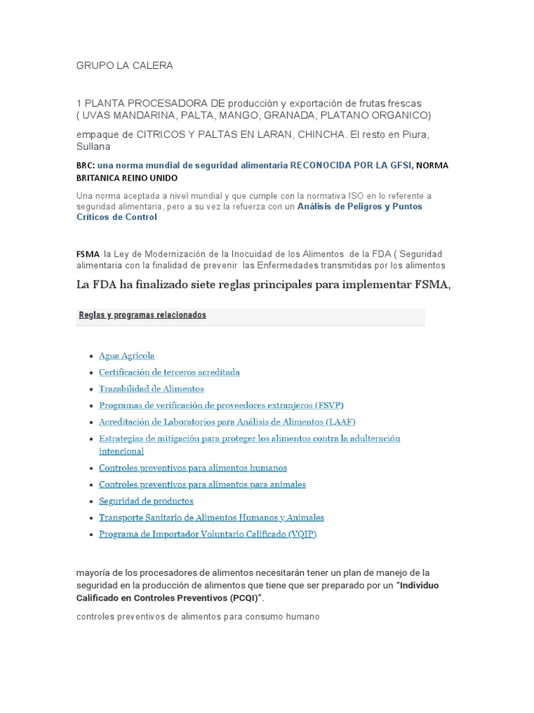 Grupo La Calera | PDF | Seguridad alimenticia | Alimentos