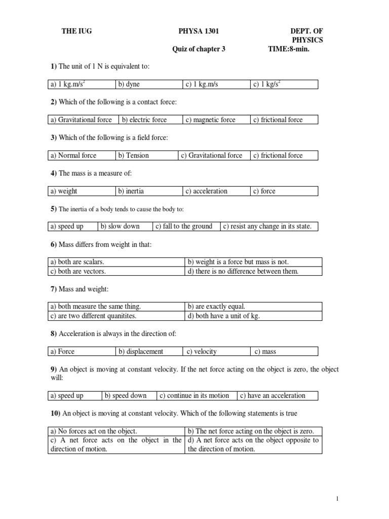 Physics Quiz: Chapter 3 Forces & Motion | PDF | Force | Weight