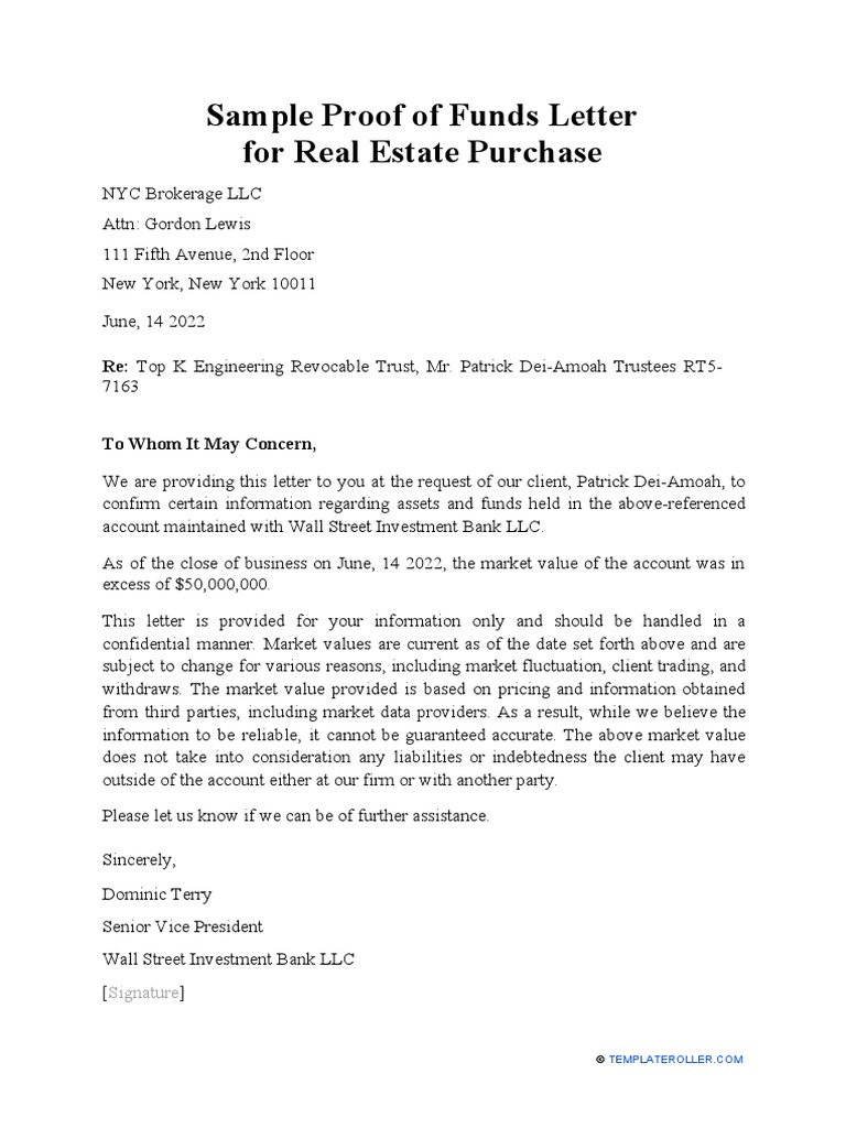 Main Sample Proof of Funds Letter For Real Estate Purchase PDF
