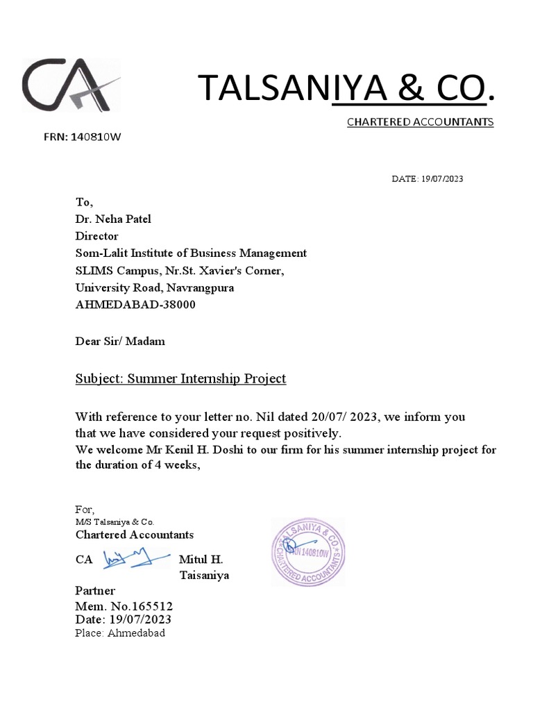 Summer Internship Project Letter For Kenil Doshi 2 | PDF | Business