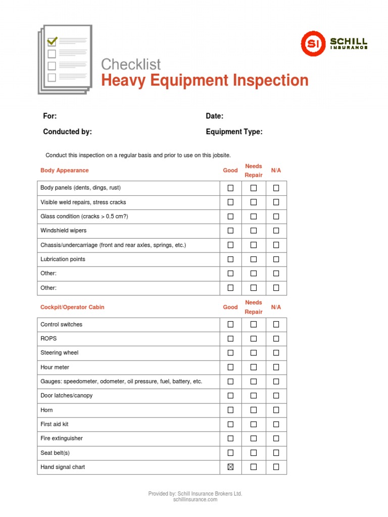 Heavy Equipment Inspection Checklist | PDF | Truck | Loader (Equipment)