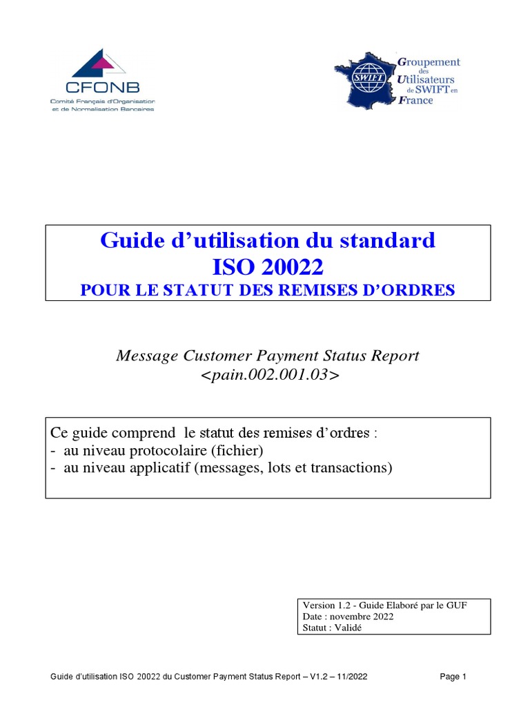 Guide ISO20022 PSR (Pain.002) V1.2 - 11 2022 - Validé | PDF | Langage de  balisage | XML
