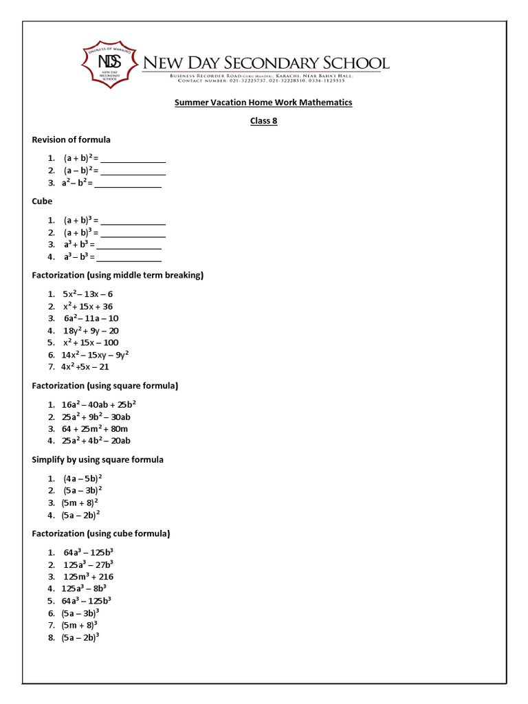 Class 8 Algebraic Formula Revision | PDF