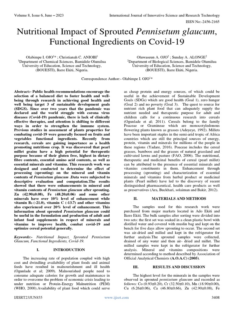 Nutritional Impact of Sprouted Pennisetum glaucum, Functional