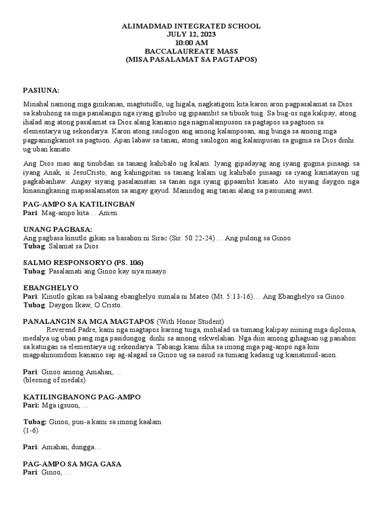 Baccalaureate Mass Guide | PDF