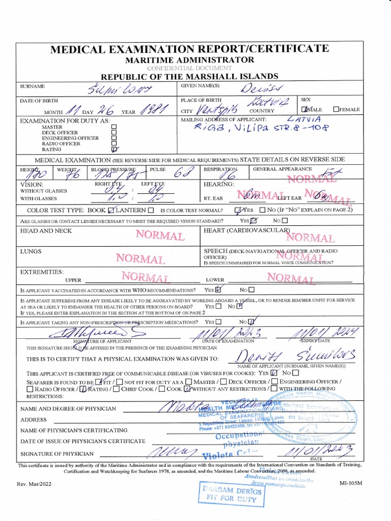 Marshall Islands Medical Certificate ASide PDF Health Sciences