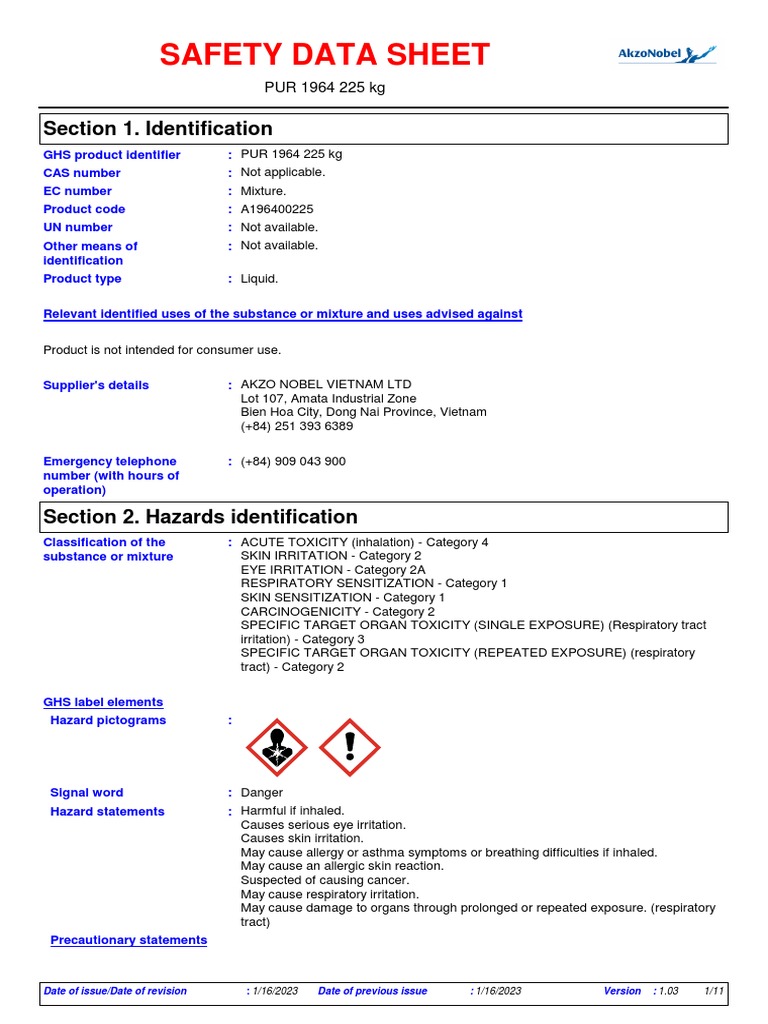 SDS Pur 1964 225 en 160123 | PDF | Chemistry | Occupational Safety And ...