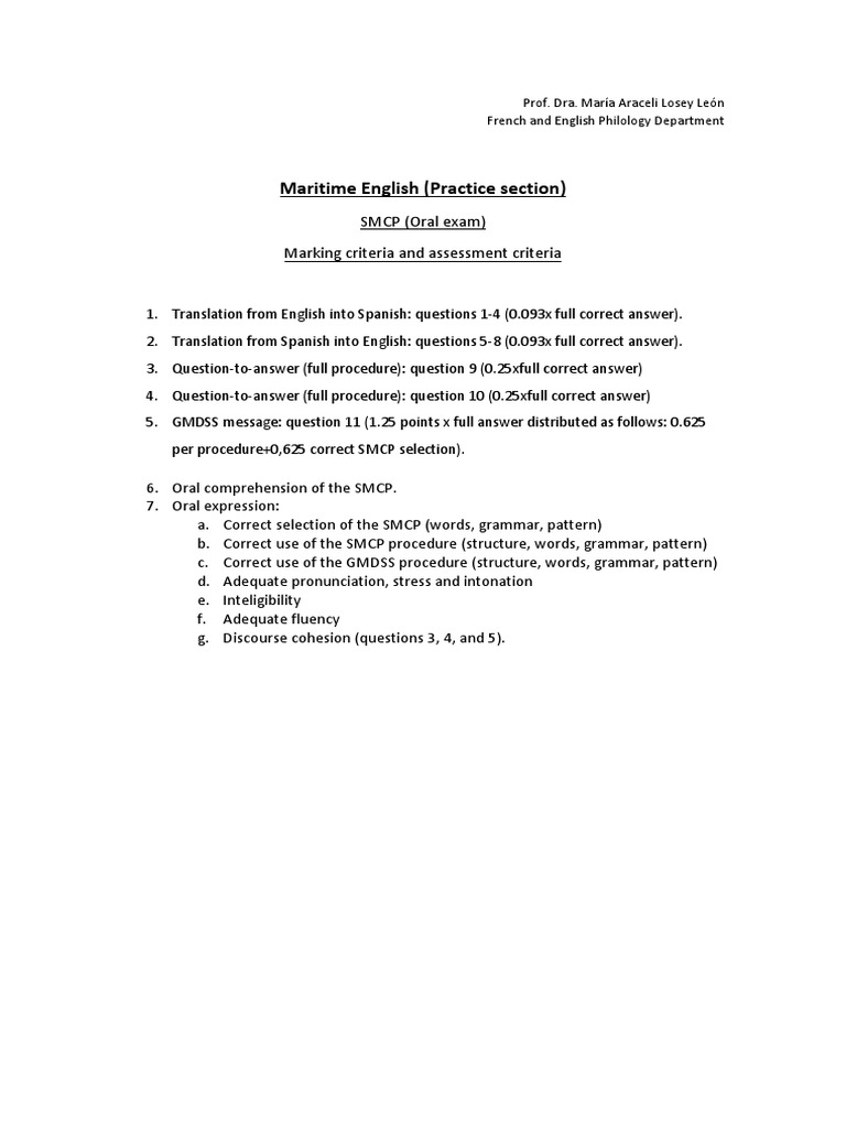 Marking Criteria and Assessment Criteria Oral Exam 2223 PDF