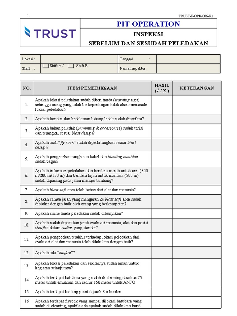 Inspeksi Peledakan: Prosedur dan Checklist | PDF