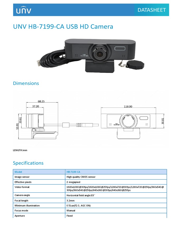 UNV HB-7199-CA USB HD Camera Specs | PDF