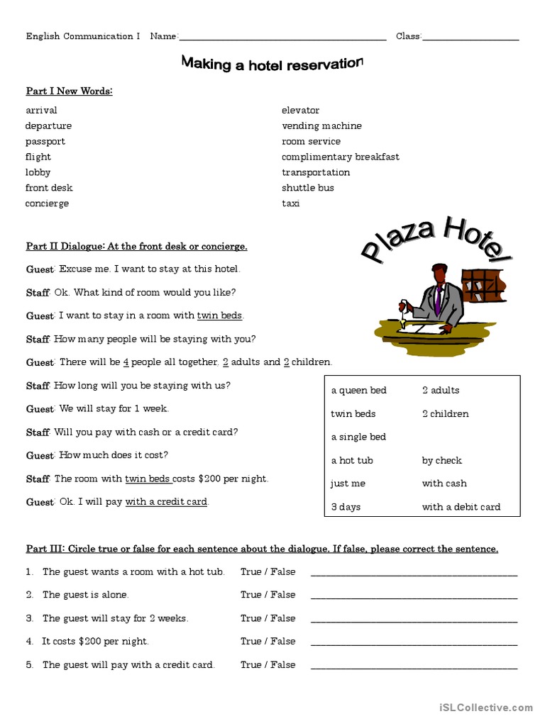 Hotel Reservation Practice Worksheet | PDF