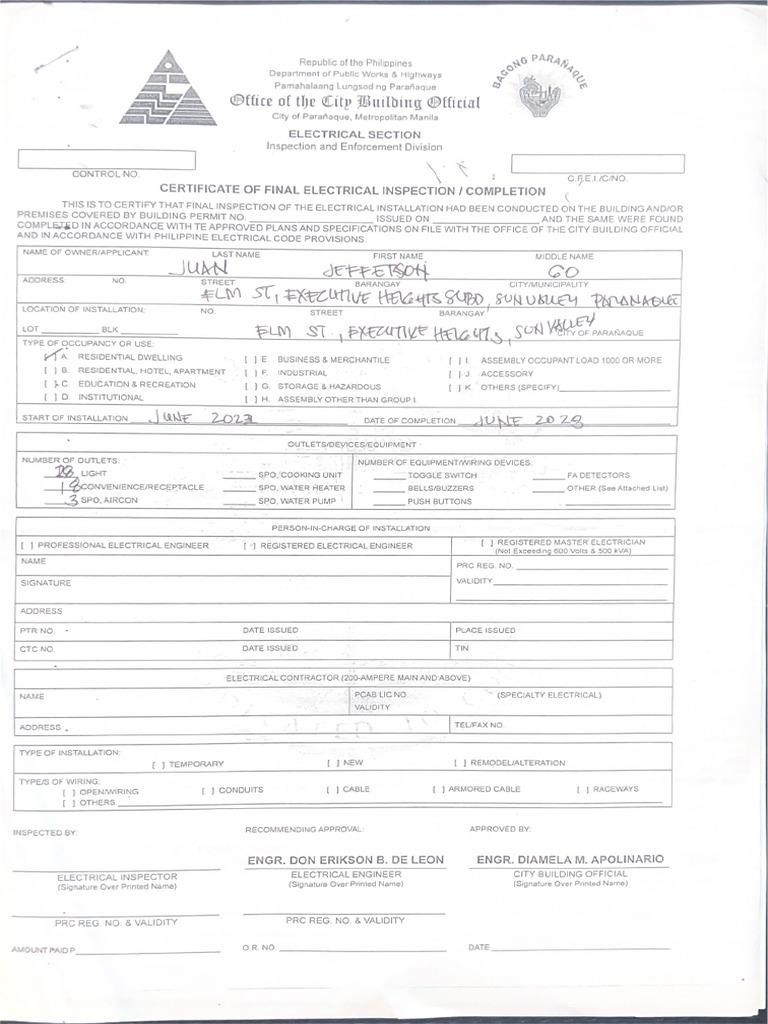 Certificate Of Final Electrical Inspection