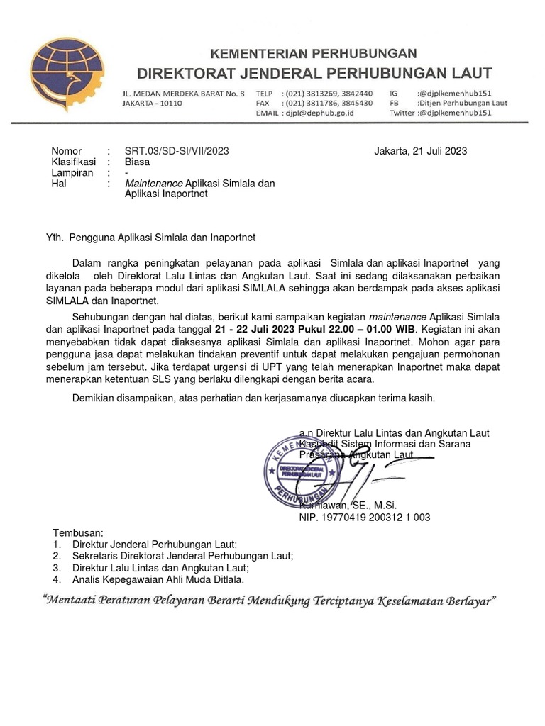 Surat Downtime Simlala Dan Inaportnet 21 Juli 2023 - Pengguna Simlala ...