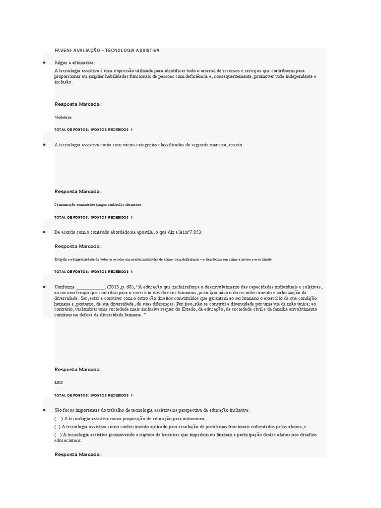 Faveni - Avaliação - Tecnologia Assistiva | PDF | Educação Especial