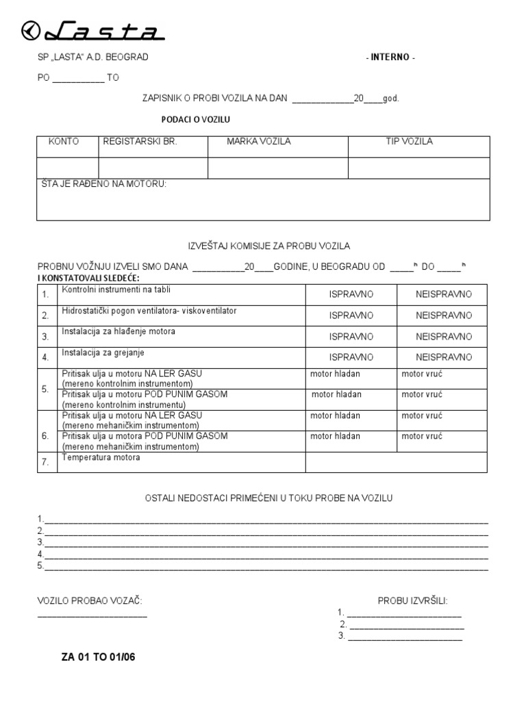 Za 01 To 01-06 Zapisnik o Probi Vozila | PDF