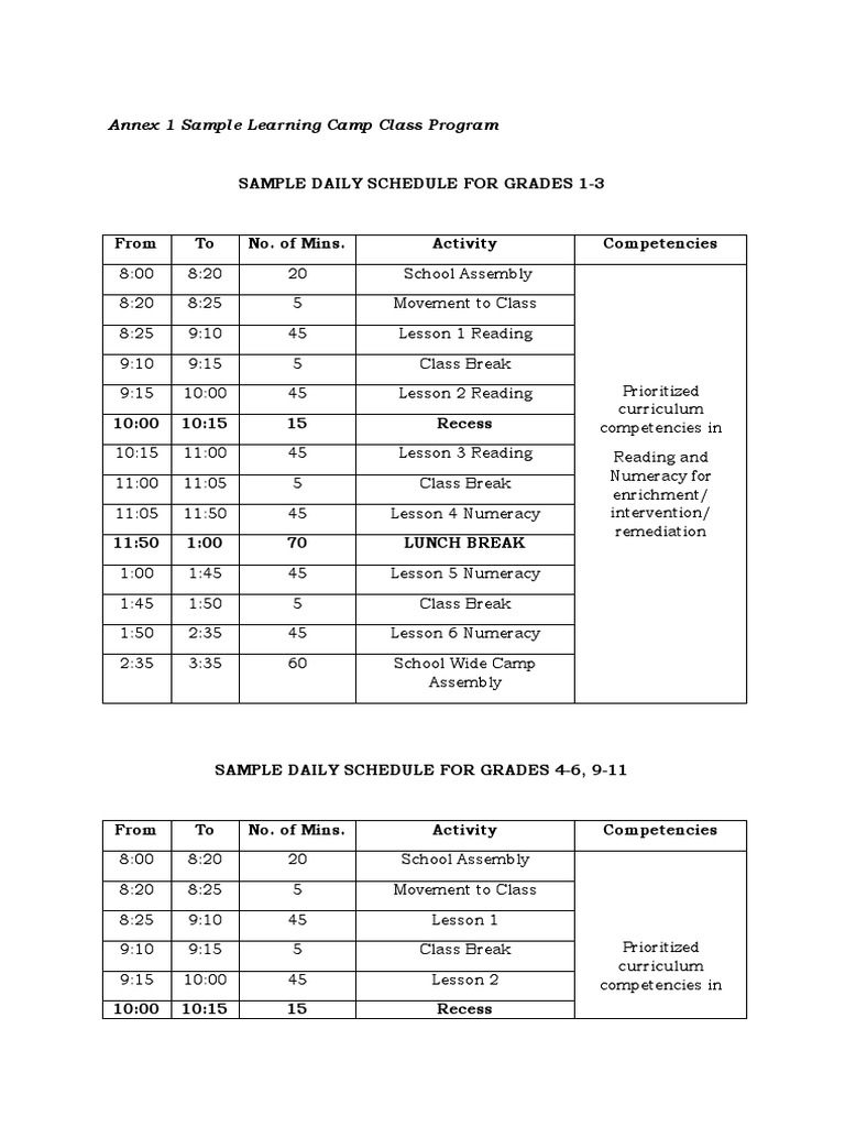 Sample Learning Camp Class Program | PDF | Teachers | Learning