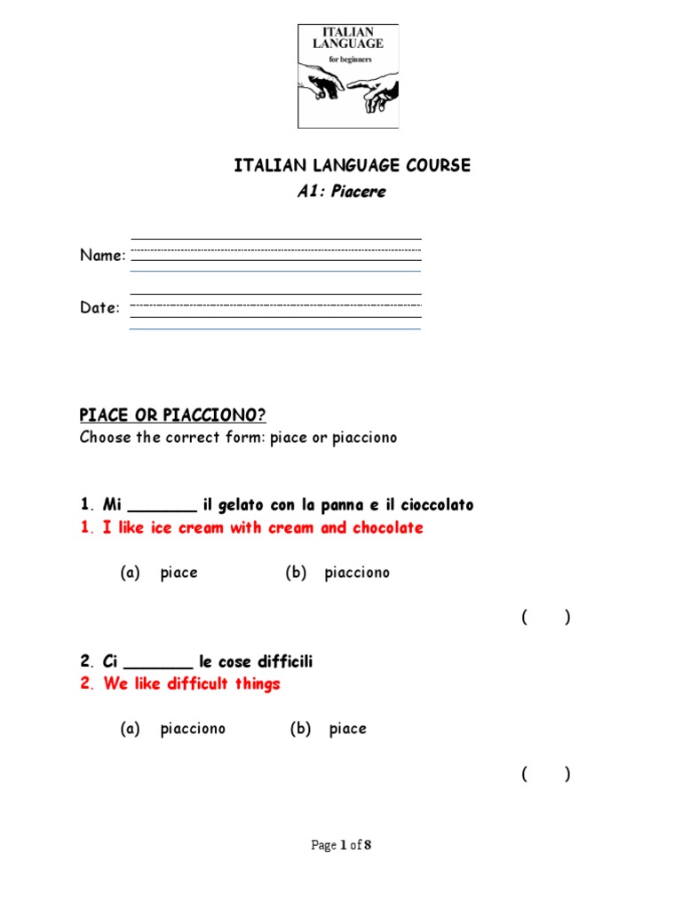 Italian A1 - Piacere - Exercise | PDF