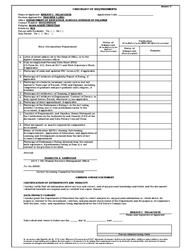 Annex C Checklist of Requirements PDF Authentication Verification And Validation