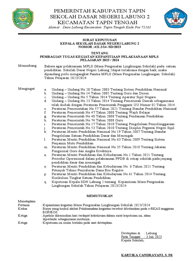 SK Panitia MPLS SDN Labung 2 2023/2024 | PDF