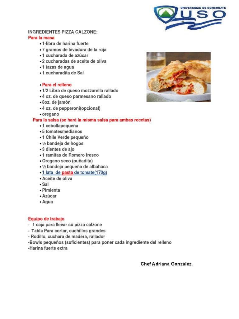 Ingredientes Pizza Calzone Uso PDF