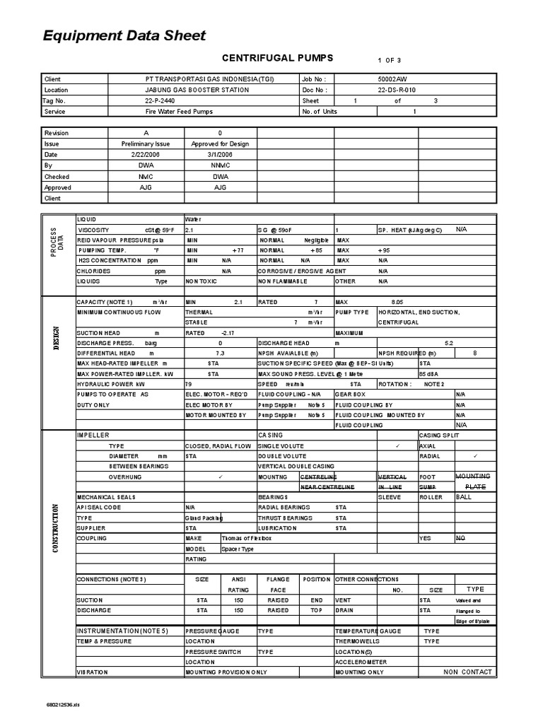 Centrifugal Pump Data Sheet for TGI | PDF | Pump | Bearing (Mechanical)