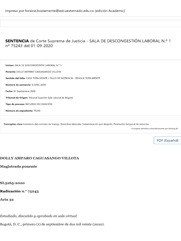 1.1 Sentencia SL3265-2020, Radicación N.° 75243 | PDF
