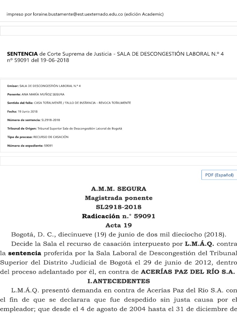 7.1 Sentencia SL2918-2018, Radicación N.° 59091 | PDF