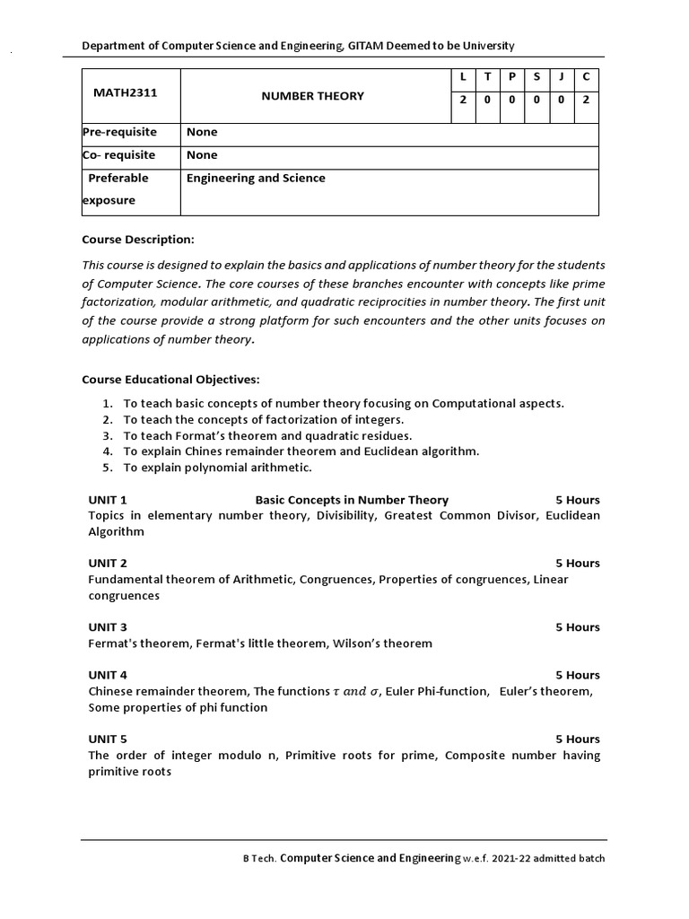 NT Syllabus PDF Number Theory Factorization