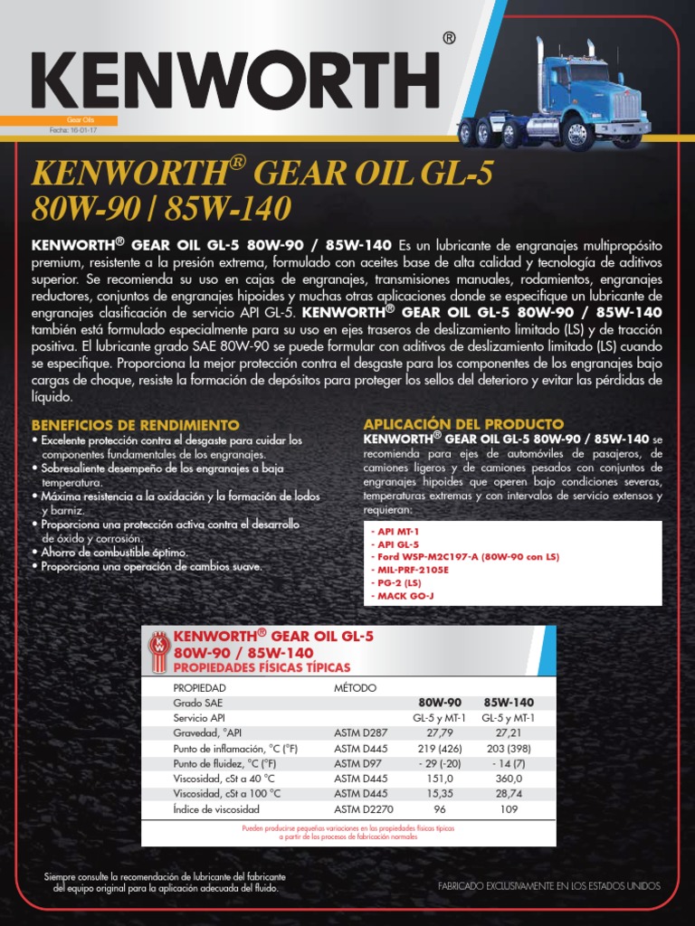Tds Ficha Técnica KWT Gear Oil Gl5Mt1 80w90 85w140 Descargar gratis PDF Engranaje