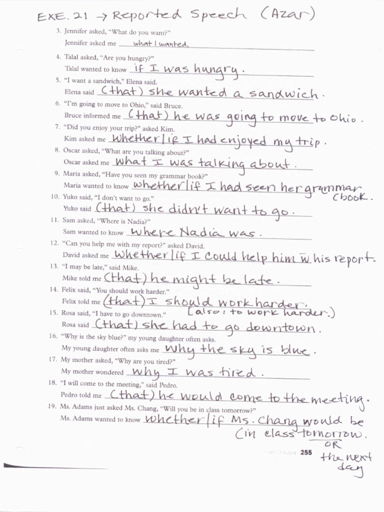 Answer Key To Exercises 21 and 19 - Reported Speech | PDF