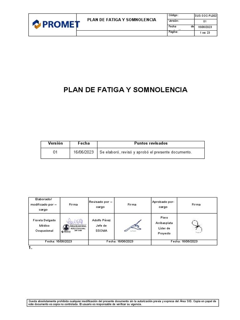Plan de Control de Fatiga y Somnolencia | PDF | Dormir | La privación ...