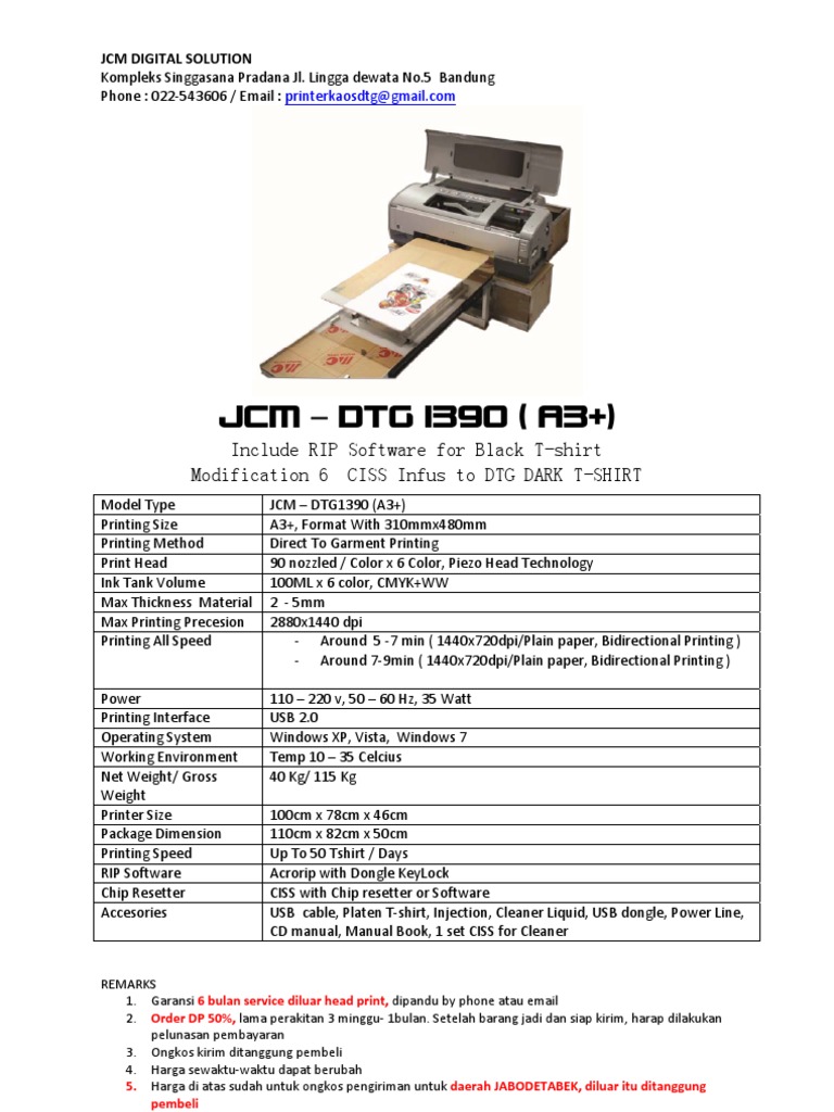 JCM DTG 1390 A3+ Printer for T-Shirts | PDF