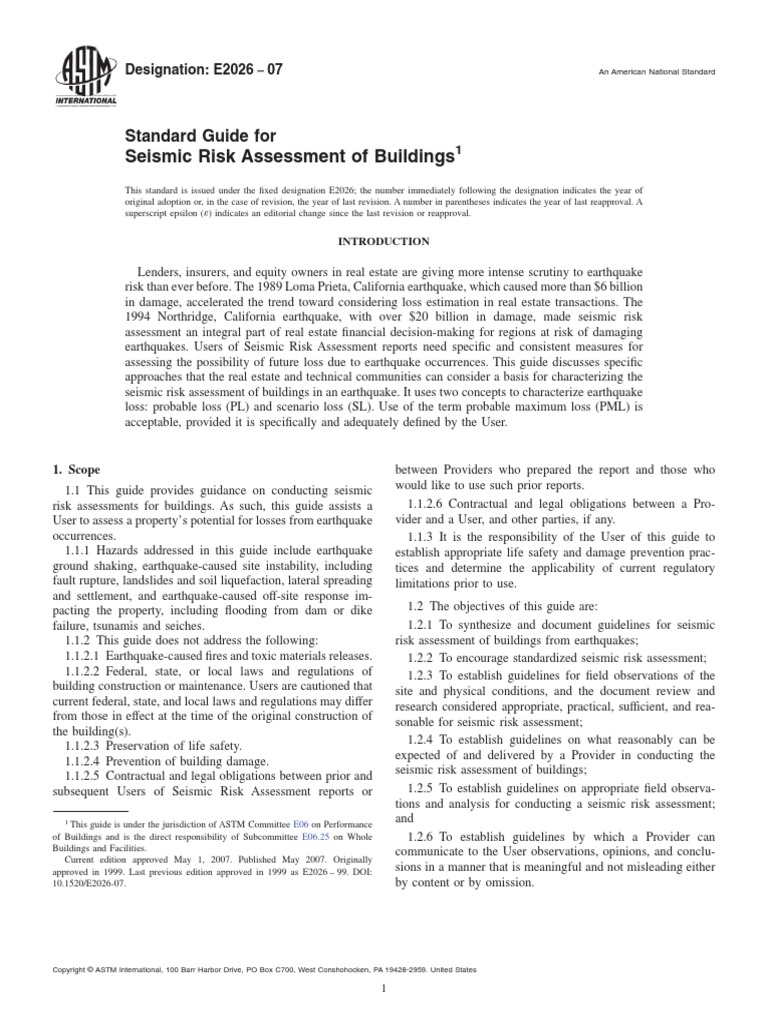 ASTM E2026-07 Standard Guide For Seismic Risk Assessment of Buildings ...