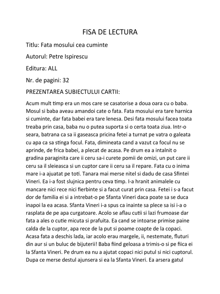 Rezumat Fata Mosului Cea Cuminte FISA DE LECTURA Fata Mosului Cea Cuminte | PDF