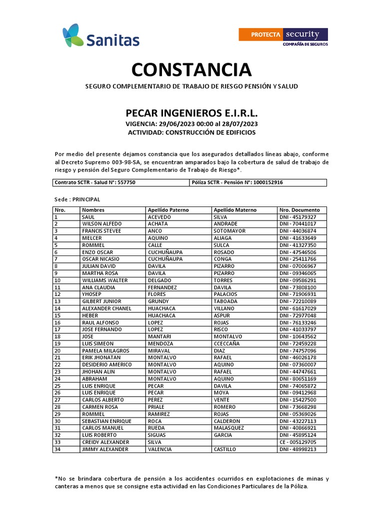 Constancia SCTR Sanitas 29/06/2023 | PDF