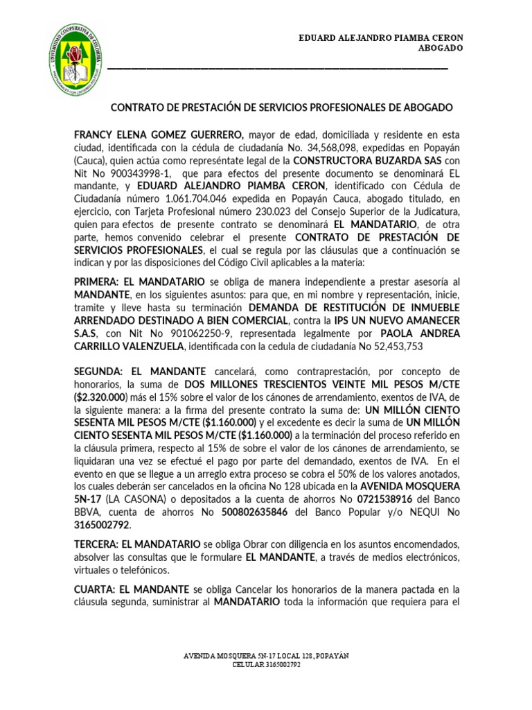 Modelo De Contrato De Prestacion De Servicios Profesionales De Abogado ...