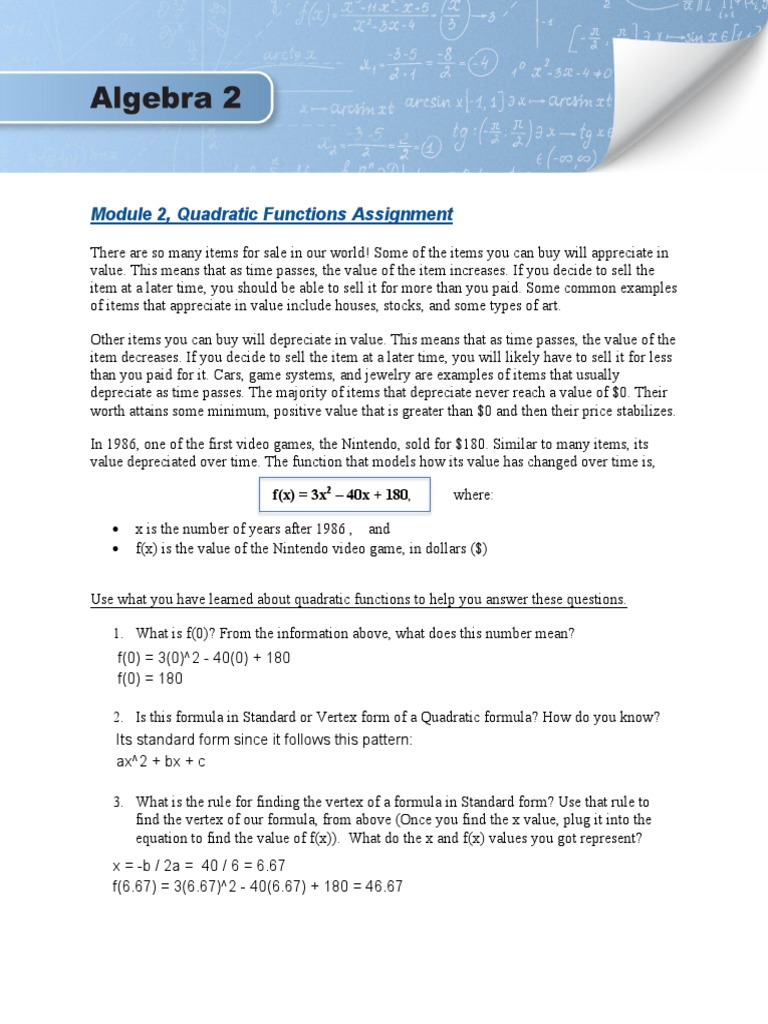 Module 2 quadratic functions assignment f x 3x 40x 180