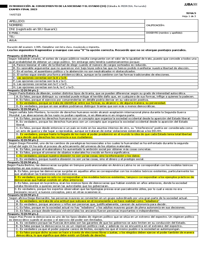 ICSE - Examen Final - TEMA 5 - CLAVES DE CORRECCIÓN | PDF | Democracia ...