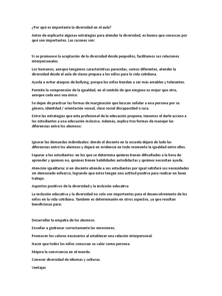 Por Qué Es Importante La Diversidad en El Aula | PDF | Inclusión ...