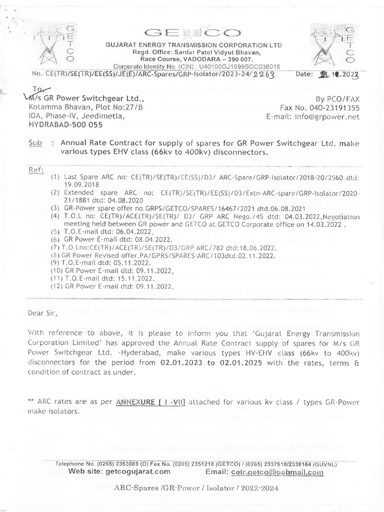 ARC For Supply of Spares For GR Power Switchgear Ltd. Make Various