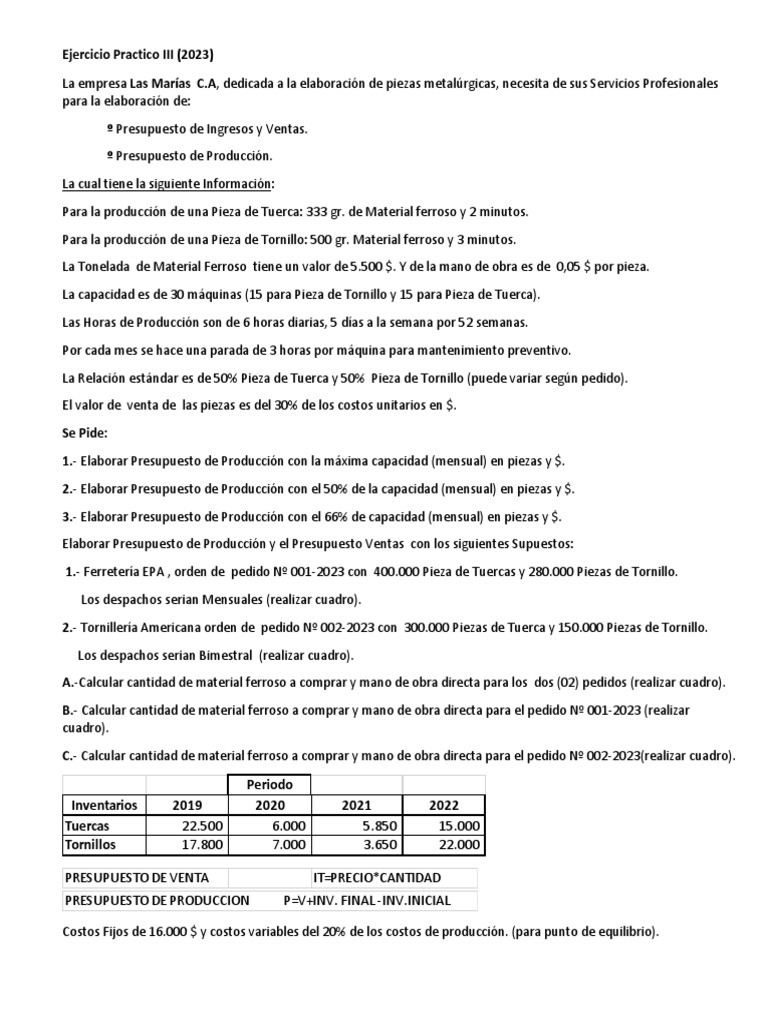Presupuestos de Producción y Ventas 2023 | PDF | Presupuesto