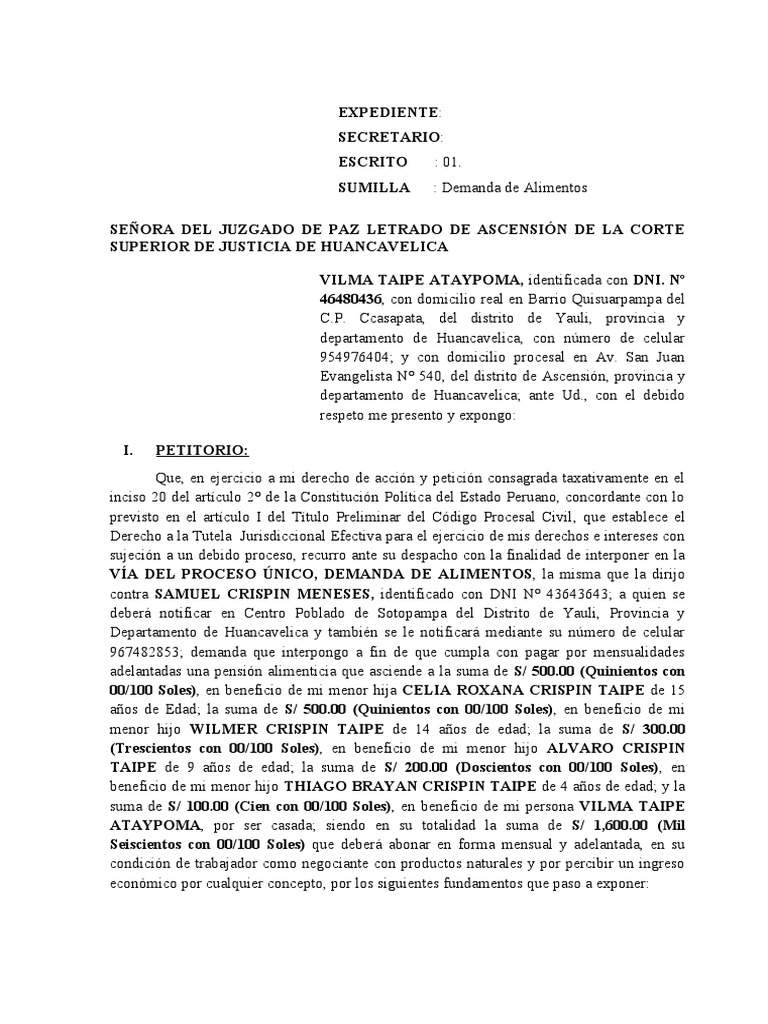 Demanda de Alimentos | PDF | Debido al proceso | Demanda judicial